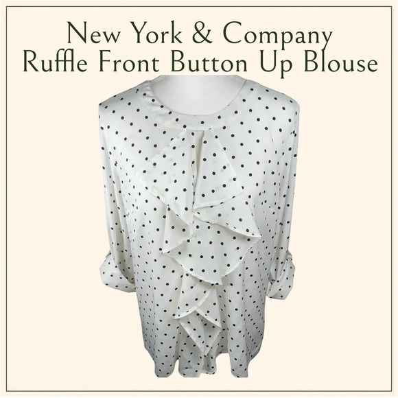 New York & Company | Ruffle Front Polka Dot Button Up Blouse - Picture 2 of 7